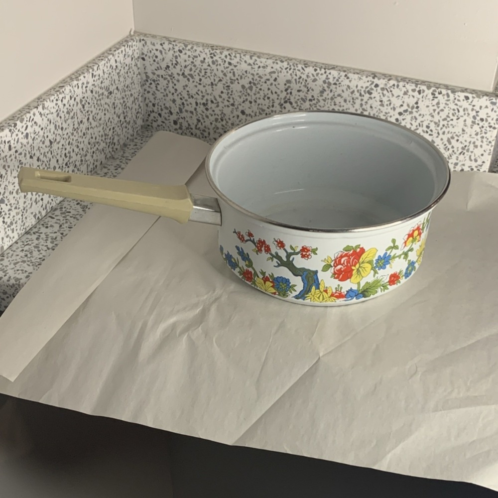 Enamel Floral Saucepan Long Handle White Red Yellow Blue Green
